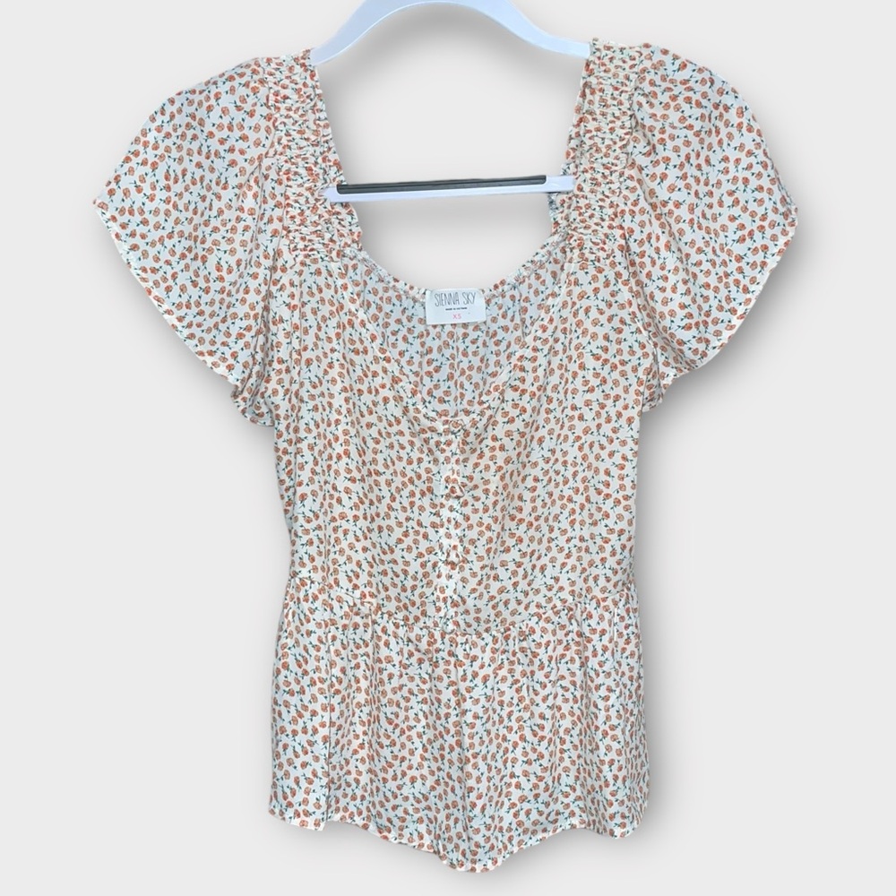 Sienna Sky Cream and Orange Ruffled Puff Sleeve Blouse